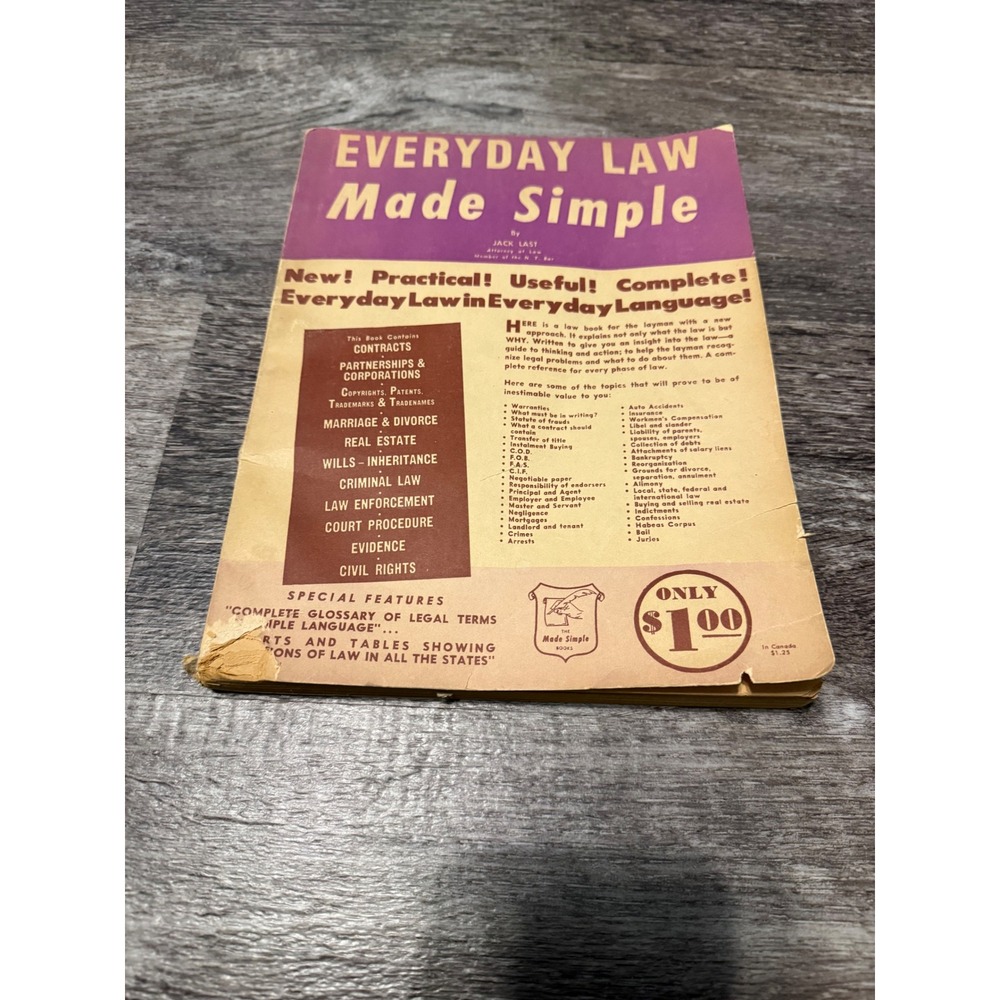 Vintage Everyday Law Made‎ Simple Jack Last Paperback Legal Reference Guide Book